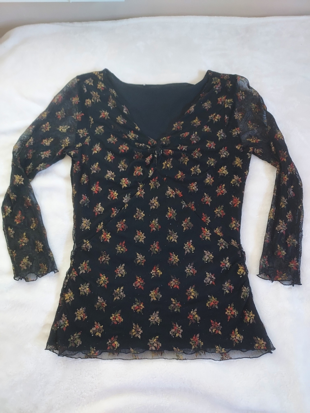 Black Semi Sheer Moody Romantic Floral Y2K Mesh Long-Sleeve Top XS-S